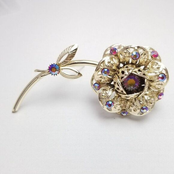 Vintage Sarah Coventry Pink AB Rhinestone Flower Brooch, Gold Tone Estate - Picture 2 of 6